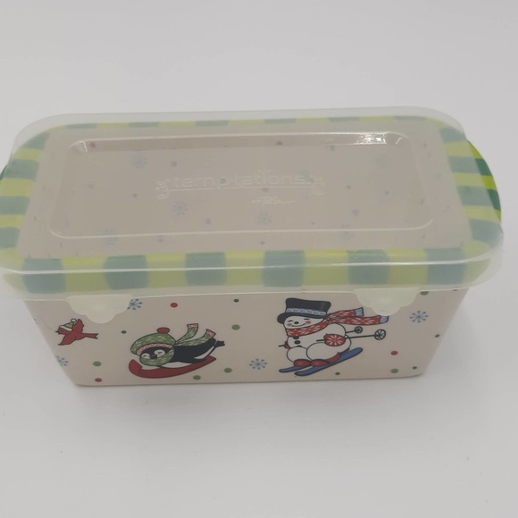 Temptations Holiday Snowman Penquin Ovenware Whimsy 12 oz mini loaf pan with lid - Picture 4 of 6